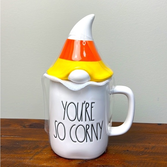 NIB Rae Dunn mug featuring "You're So Corny" Candy Corn Gnome Topper - Picture 1 of 6